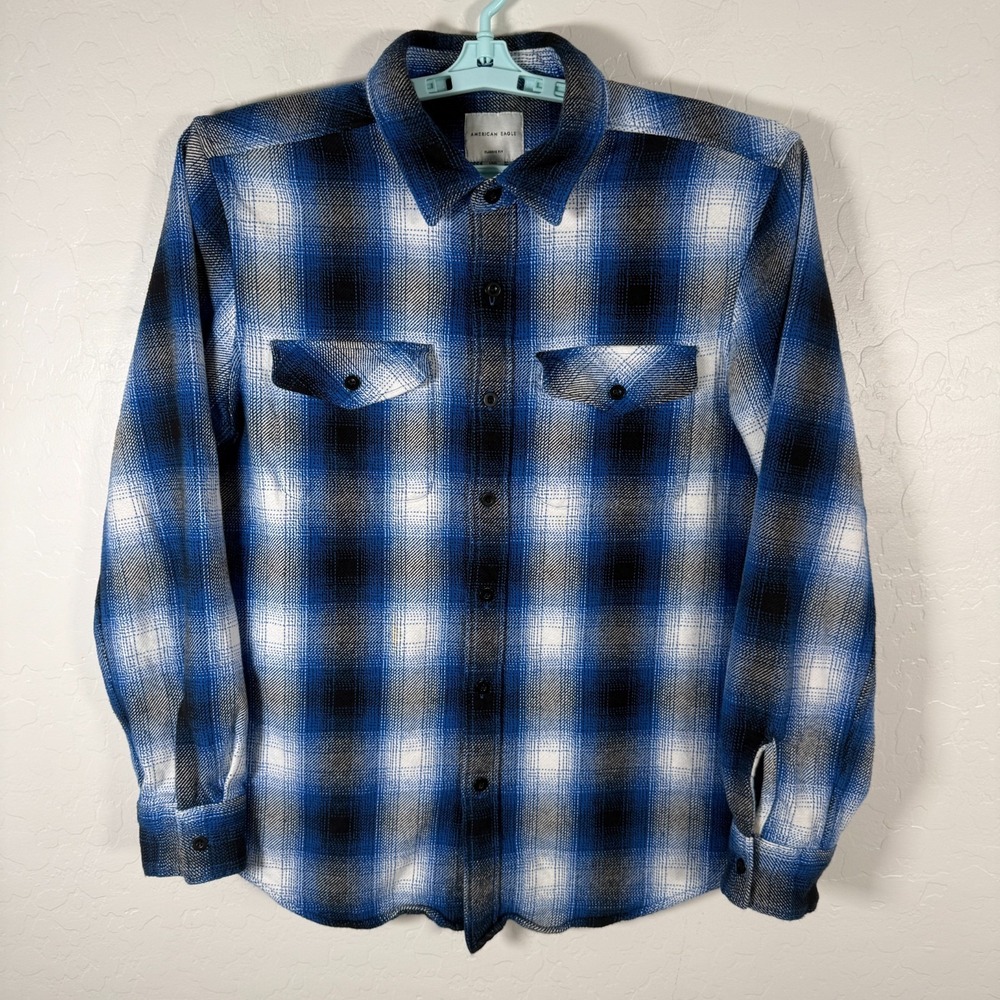 American Eagle Shirt Mens Large Blue Button Up‎ Flannel Long Sleeve Plaid Pocket